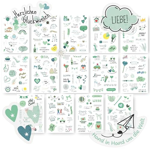 Sticker Hochzeit Gästebuch (14x A5, 281 Sticker) – Hochzeitsaufkleber Set mitdeutschen Texten & Herz-Motiven – für Gästebuch, Scrapbook, Karten, Namenskärtchen & Hochzeitsdeko Tisch, JGA Deko Frauen