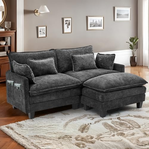 IUXPAM Modulares Ecksofa Sofa, L-förmige Couch fürs Wohnzimmer, extra Tiefe, Bequeme Chenille-Wolkensofas mit Dekokissen und beweglichem Ottoman (Schwarz, 2 Sitze mit 1 Ottomanen)
