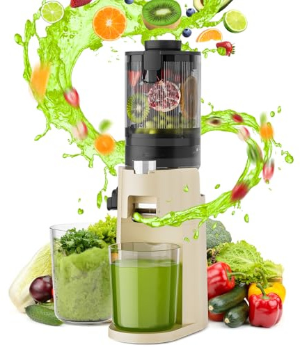 Extracteur De Jus Compact, 150W Extracteur de Jus de Fruits et Légumes Entiers, Slow Juicer Presse à Froid (40-100 tr/min, <65dB) avec Filtre SUS, Sans BPA, Sécurité Anti-Surchauffe, Facile à nettoyer
