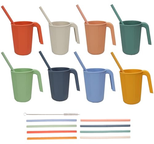 inodiref 17PCS Reusable Plastic Cups with Handles Set Stacking Camping Mugs for Kids/Adults Unbreakable Plastic Mugs for Hot Drinks or Cold Drinks+8 Straws Dishwasher and Microwave Safe(8 Colors)