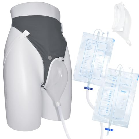 Wearable Urine Collector Set with Breathable Cotton Pants, External Catheter for Men with 2000ml and 1000ml Urinary Drainage Bags, Silicone Urine Catching Capsule with 1.2M Tube, Elderly Men Grey