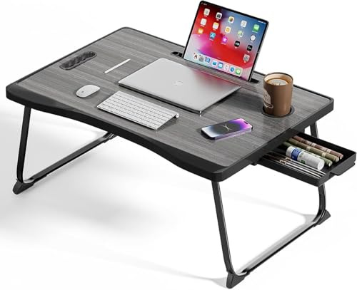BTGGG Laptop Bed Table, Portable Lap Bed Desk with Handle, Foldable Bed Table with Cup Slot & Side Drawer, Notebook Stand Breakfast Bed Tray for Bed, Sofa, Balcony,Carpet, Black