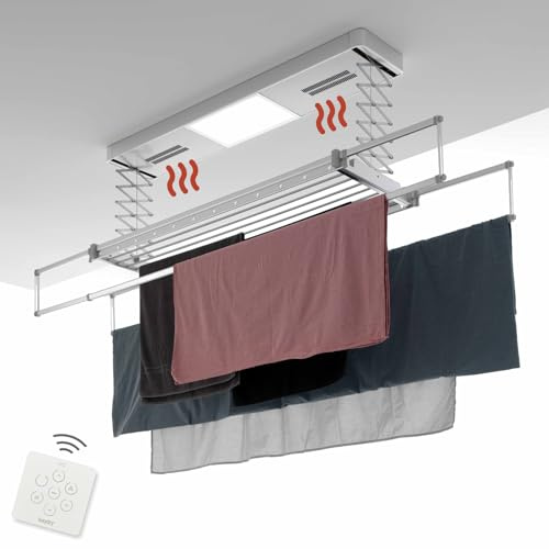 Foxydry Pro Wäscheständer für die Decke, beheizbar, mit Fernbedienung, mit Heißbelüftung, aus Aluminium und Stahl, für Bettwäsche - Keine Batterien enthalten (Silber, 160 cm/Decke)
