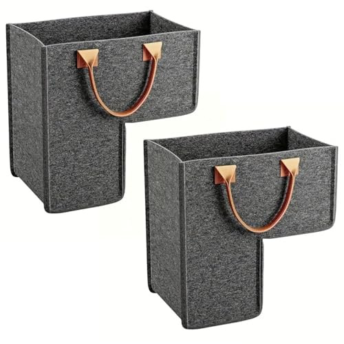 Cesta de escalera en forma L fieltro con asas PU for almacenamiento, ideal for el hogar, la oficina, ropa, los juguetes y otros artículos(Black)