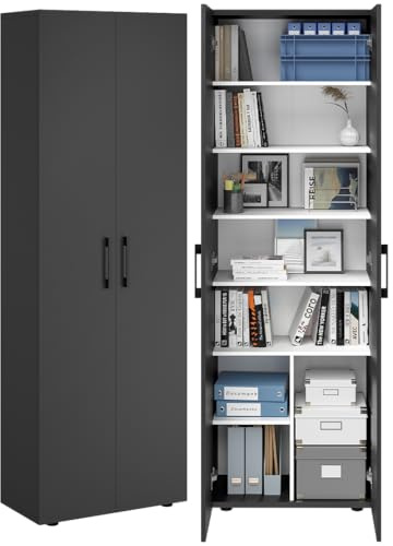 Bellamio Apol Aktenschrank schwarz – Mehrzweckschrank 60 cm breit – Hochschrank aus Holz – Aufbewahrungsschrank Doppeltüren 8 Fächer – Büroschrank, Flurschrank, Allzweckschrank, Schuhschrank