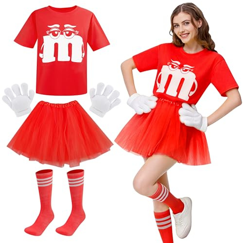 BuntWunder Costume Carnevale Donna, Set Vestito M&M da 4 Pezzi - Con Maglietta con Stampa M & Tutù & Guanti & Calze a Righe, Costumi Cosplay, Vestiti di Gruppo da Adulto (Rosso, M)