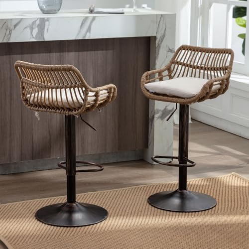 QQU Bar Stools Set of 2, Swivel Counter Height Barstools, Adjustable Wicker Bar Stool with Cushion & Floor Protectors, Modern Kitchen Breakfast BarStools for Kitchen Island, Dining Room (Beige)