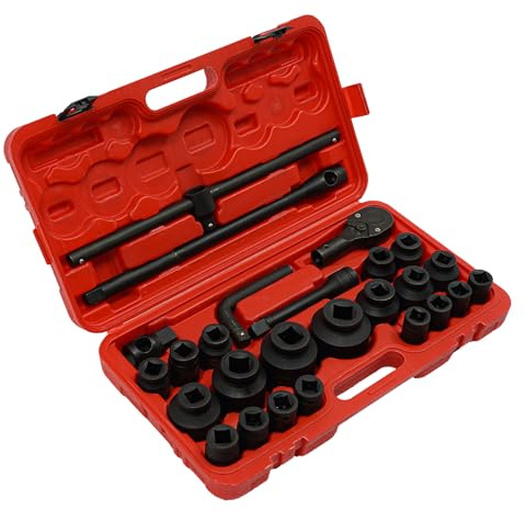 Juego de llaves de vaso de 26 piezas, 3/4 y 1, 21-65 mm, juego de llaves de impacto, base resistente con carraca, extensiones y maletín de herramientas profesional, para reparación de coches