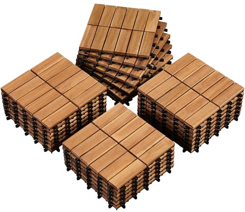 Yaheetech 2 pack Tiles, Waterproof Acacia DIY Furniture Deck Tiles for Flooring, Plastic Interlocking Wooden floors Tiles 54 pcs for Outdoor Indoor, 30 cm W × 30 cm L Patio Garden Deck Poolside, Wood
