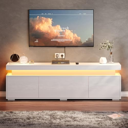 Meuble TV Bois Moderne 150 cm, 3 Portes avec LED, Meuble TV Blanc de Salon pour Petits Espaces, Meuble Télé Haut Rangement Bas pour Télévision