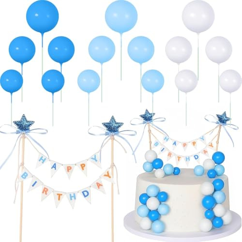 16 Stück Happy Birthday Tortendeko Mini Wimpelkette Seeblau Weiß Blau Tortendeko Kugeln Kuchen Deko Happy Birthday Girlande Klein Cake Topper für Geburtstag, Babypartys