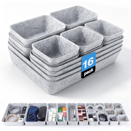 Toyzey 16 er-Set Schubladen Organizer Filz, Filz Organizer | Schubladenteiler für Socken, Unterwäsche, Kosmetik, Büro & Schreibtisch – Weich, Geräuschlos & Kratzfest (Grau)