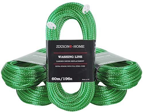 ZIXXONE-HOME Wäscheleine mit Stahlkern 60m Seil Strapazierfähige mit 2 Spannern Garten Camping Wäschetrockner Ersatzleine Vollstahlkern Extra Stark Lang PVC Outdoor Schnur Hellgrün Made in EU