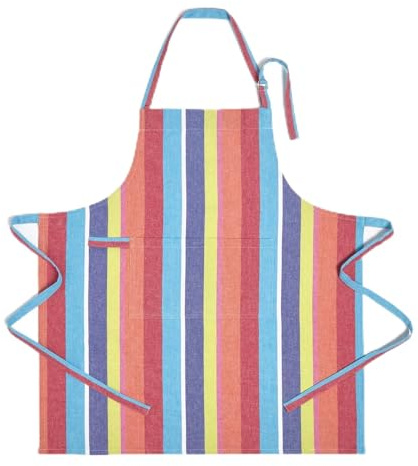 Homescapes Bunt gestreifte Küchenschürze aus 100% Baumwolle, 80x110 cm große Schürze mit Tasche, verstellbare Latzschürze, bunte Kochschürze waschbar