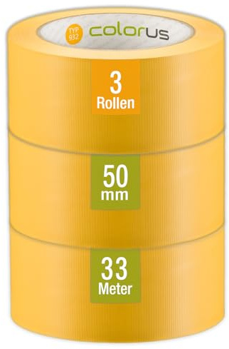 Colorus PVC Putzband gelb 50 mm x 33 m (3er Pack) – Profi Quergerilltes Schutzband für Fassade & Fenster – UV-beständig & rückstandslos – Profi Putzerband für Außen & Innen