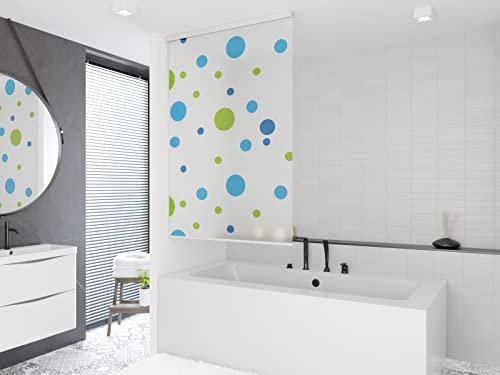 Shower Curtain Roller Blind 140cm wide x 240cm Drop, With Blue & Green Circles Design, Waterproof