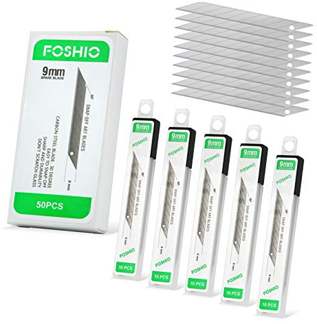 FOSHIO 50 Stück Ersatzklingen Abbrechklingen, ErsatzKlingen 9mm, Messerklinge Carbonstahl, Grafikmesser klingen Folienmesser für Cuttermesser, Teppichmesser, 30 Grad Cutterklingen