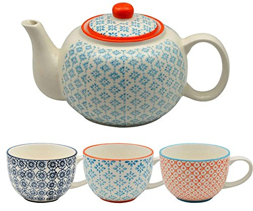 Nicola Spring 7pc Tea Set - Assorted Dining Set Hand Printed Floral Pattern Teapot Teacups & Saucers for Breakfast, Lunch, Tea Parties
