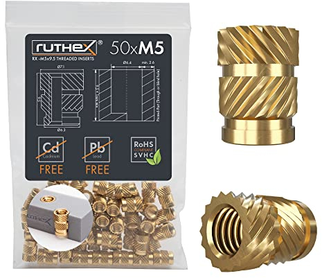 ruthex Inserto filettato M5 – 50 pezzi RX-M5x9.5 boccole filettate in ottone – dado stabile per parti in plastica – può essere utilizzato con calore o ultrasuoni in parti di stampa 3D in plastica