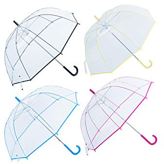 Calli Factory Clear Lightwight Umbrella for Women, Kids - Automatic Open, Transparent Dome Fashion Umbrellas with Easy Grip Strap, Iridescent Pack of 4 (4 Colors)