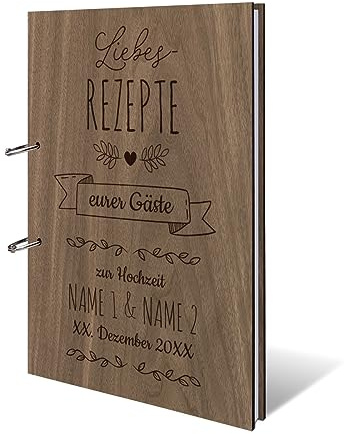 Personalisiertes Kochbuch Nussbaum Holz DIN A4 Rezeptbuch zum selber Ausfüllen mit Lasergravur inkl. 72 Blatt / 144 Seiten Naturpapier Weiß Blanko, Blätter lassen sich rausnehmen und einheften