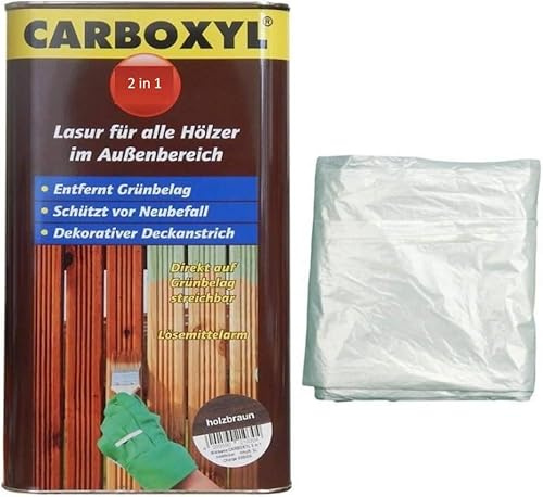 E-Com24 2 in 1 Carboxyl Holzschutzlasur, 5 Liter, Holzbraun | Direkt auf Grünbelag streichbar, Inkl. 4x5m Abdeckfolie