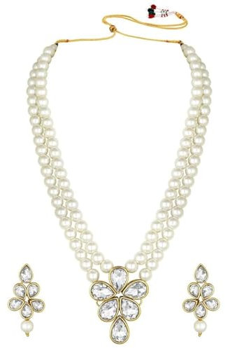 Aheli Crystal Pearl White Long Necklace with Drop Earrings Bharatanatyam