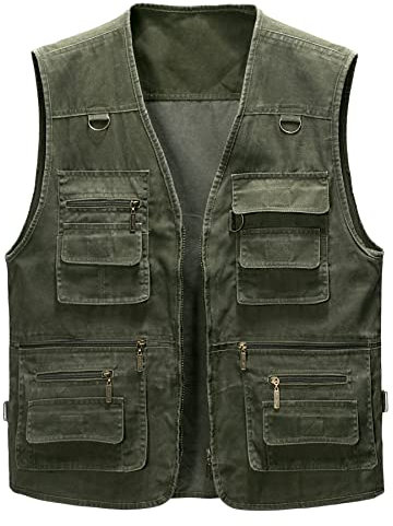 Oralidera Herren Outdoor Weste Freizeit Jacke Leicht Safari mit Reißverschluss Jagd und Angler Fotografie Wandern Anglerweste mit Vielen Taschen, Grün, L