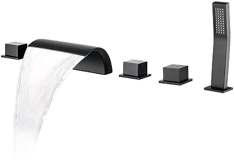 DEOLER Roman Bathtub Faucet Set with Sprayer 5 Hole Waterfall Bathroom Tub Faucet Set Widespread Tub Filler Faucet Deck Mounted Bathtub Faucet Set with Valves, Matte Black