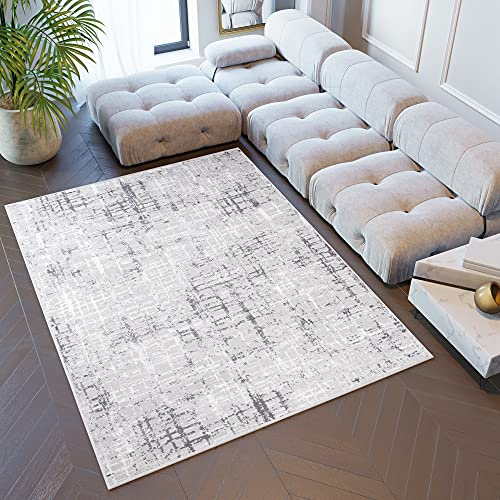 TAPISO Sky Teppich Kurzflor Grau Creme Karo Gitter 120 x 170 cm | Geometrisch Modern Meliert Verwischt Design Wohnzimmer Schlafzimmer 3D Optik OEKO-TEX