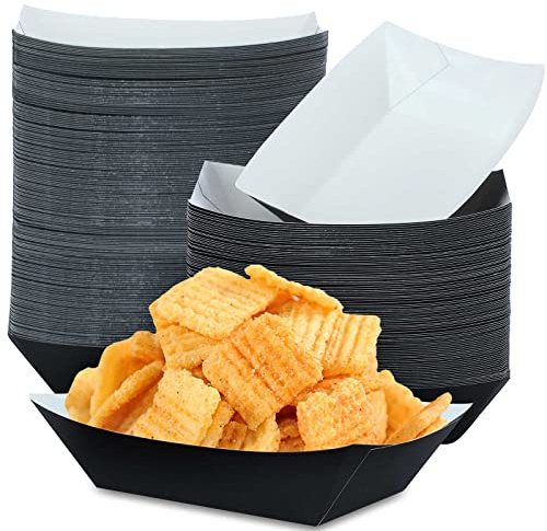 Zhehao Disposable Paper Food Tray Paper Food Boats Grease Resistant Popcorn Tray for Serving Tacos, BBQ, Festivals, Party or Concession Stands Plates, White and Black(150 Pcs,3lb)