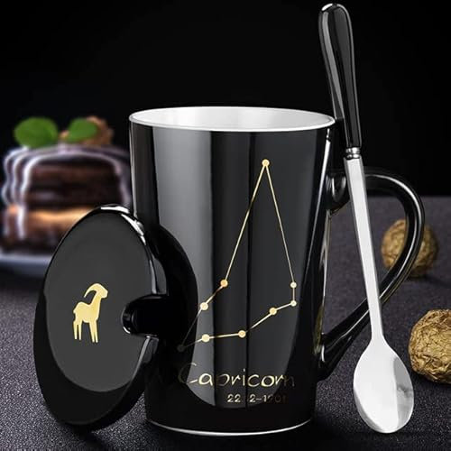 YIPOCH Segno zodiacale Tazza in ceramica con coperchio Tazza da caffè con cucchiaio Coppia tazza di acqua di latte