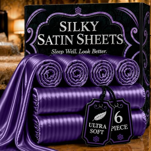 DECOLURE Satin Bed Sheets - 6 Piece Luxury Silky King Size Bedding Set - Softer Than Silk, Wrinkle-Free with 15” Deep Pocket Fitted Sheet, Perfect for Hair & Skin, Gifts for Women (Striped Purple)