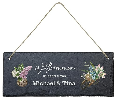 Schiefertafel für den Garten (eckig) | personalisiert mit bis zu zwei Wunschnamen | Türschild zum Aufhängen | individuelle und dekorative Geschenkidee | für Gartenliebhaber