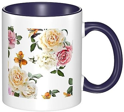 RFSHOP Tazza da caffè in ceramica, color crema, stile shabby chic, con rose, da viaggio, personalizzata, per tè, bevande, latte, per ufficio e casa