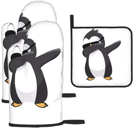 Set di 3 guanti e presine anti-scottatura con pinguini, per cucinare e grigliare, regalo di Natale per la festa della mamma