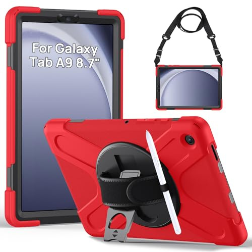 Gerutek Coque Antichoc pour Samsung Galaxy Tab A9 8.7 Pouces 2023, Rouge | Modèle SM-X110/SM-X115/SM-X117, Tab A9 8.7, Étui Armure Robuste avec Support Rotatif à 360°, Dragonne et Bandoulière