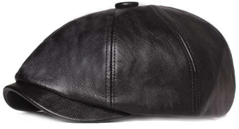 Schiebermütze Herren Herbst Und Winter Leder Solide Zeitungsjungenmützen Flache Achteckige Schirmmütze Männer Und Frauen Maler Baskenmütze Gatsby Hüte, Schwarz, 55–60 cm