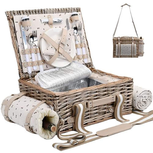 19-teiliges Picknickkorb-Set für 2 Personen mit isoliertem Futter und wasserdichter Picknickdecke und Weinbeutel, Kirschkaffee