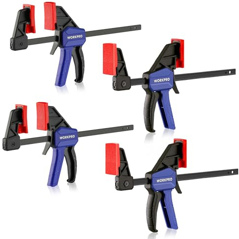 WORKPRO 6 Mini Bar Clamps for Woodworking, One-Handed Clamp/Spreader, Wood Clamps Set, Screw Change F Clamps with 50LBS Load Limit, 4 Pack