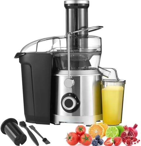 Extractor de jugo centrífugo con motor de 1000 W Boca grande Canal de alimentación de 3 pulgadas Máquina for hacer jugo de 2 velocidades Acero inoxidable Sin BPA Fácil de limpiar for frutas y verduras