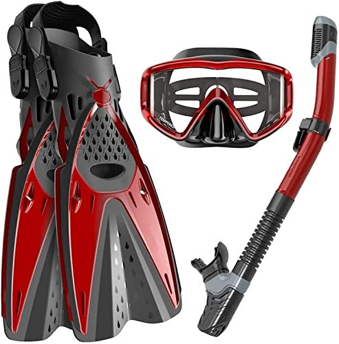Taucherbrille, Vollgesichts-Schnorchel-Tauchmasken, Trockenschnorchel-Set, verstellbar, Panorama-Weitsicht-Tauchbrille, Tieftauchen, Schnorcheln, professionelle Schnorchelausrüstung mit Flossen f
