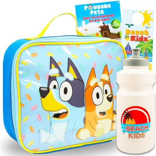 Disney Bluey Boîte à déjeuner pour enfants – Boîte à déjeuner Bluey pour garçons comprenant un sac à déjeuner isotherme Bluey plus une bouteille d'eau, des autocollants et un crochet de porte |