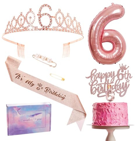 6:e födelsedagsdekoration för tjejer, födelsedagsdekoration i rosé guld, 6 år, födelsedagskrona och band, tårt- och ljusdekoration för födelsedag, ballong 6, 6:e present till flickor