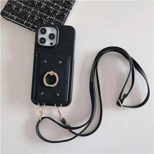 SMIEK Crossbody-Lanyard-Leder-Handyhülle für iPhone 15 14 Plus 13 12 Mini 11 Pro Max Ring-Geldbörse mit Kartenhalter Stoßfeste Hülle, Schwarz, Für iPhone 13 Pro