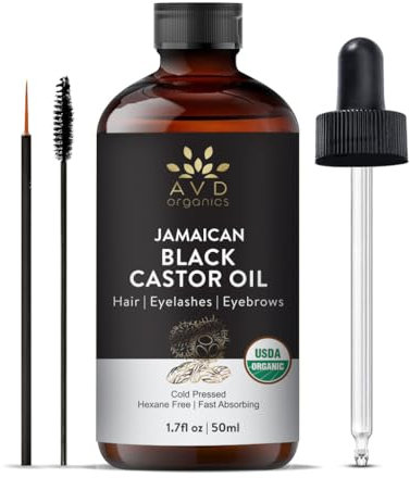 AVD Organics Jamaican Black Castor Oil with Glass Bottle | USDA Certified Organic |100% Pure & Hexane Free | Growth for Eyelashes, Eyebrows, Hair | With Eyebrow & Eyelash Brush | 1.7 Fl Oz