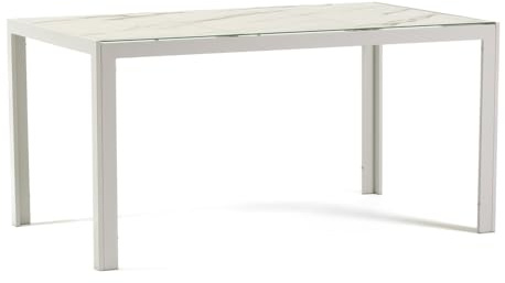 Milo Table rectangulaire 150 x 90 cm, pour intérieur et extérieur, en aluminium laqué, verre décoré, adaptable pour cuisine, salle à manger, terrasse, jardin, pour 6 personnes, marbre blanc, pieds