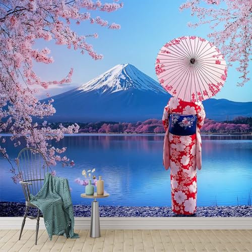 Papier peint photo japonais en fleurs de cerisier et mont Fuji - Superbe femme japonaise - Décoration murale pour chambre à coucher, chambre d'enfant, salon - 300 x 210 cm