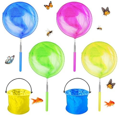 Realure 4 Pezzi Rete da Farfalle, Telescopiche Bambini Rete da Pesca con 2 Secchio d'Acqua Pieghevole, 36-83,5 CM Retino Telescopico, per Catturare Insetti, Pesca, Uccelli, attività All'Aperto