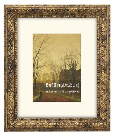 Eitida 8x10 in Rustic Gold Ornate Classic Picture Frame, Matted for 5x7 Photos, Real Glass Protection, Tabletop or Wall Mounting Display